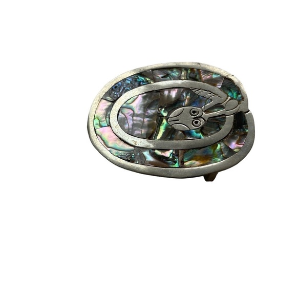 Vintage Alabone Shell Silver Large Belt Buckle Owl Bird Inlaid 1940s Mexico - Picture 2 of 9